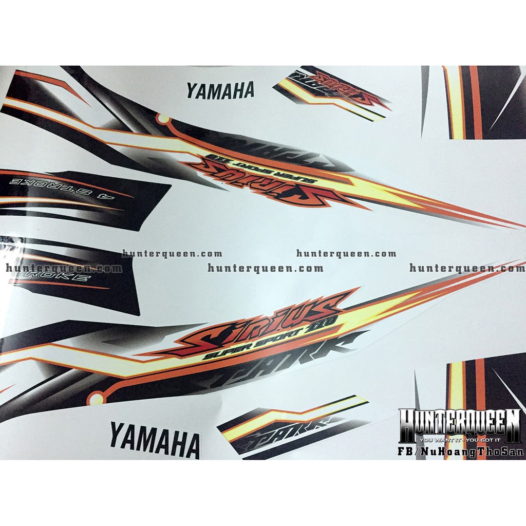 Tem rời Sirius - Xe trắng đen, hoa văn cam - Thiết kế theo yêu cầu, chỉnh sửa theo ý. Sắc nét, bền màu