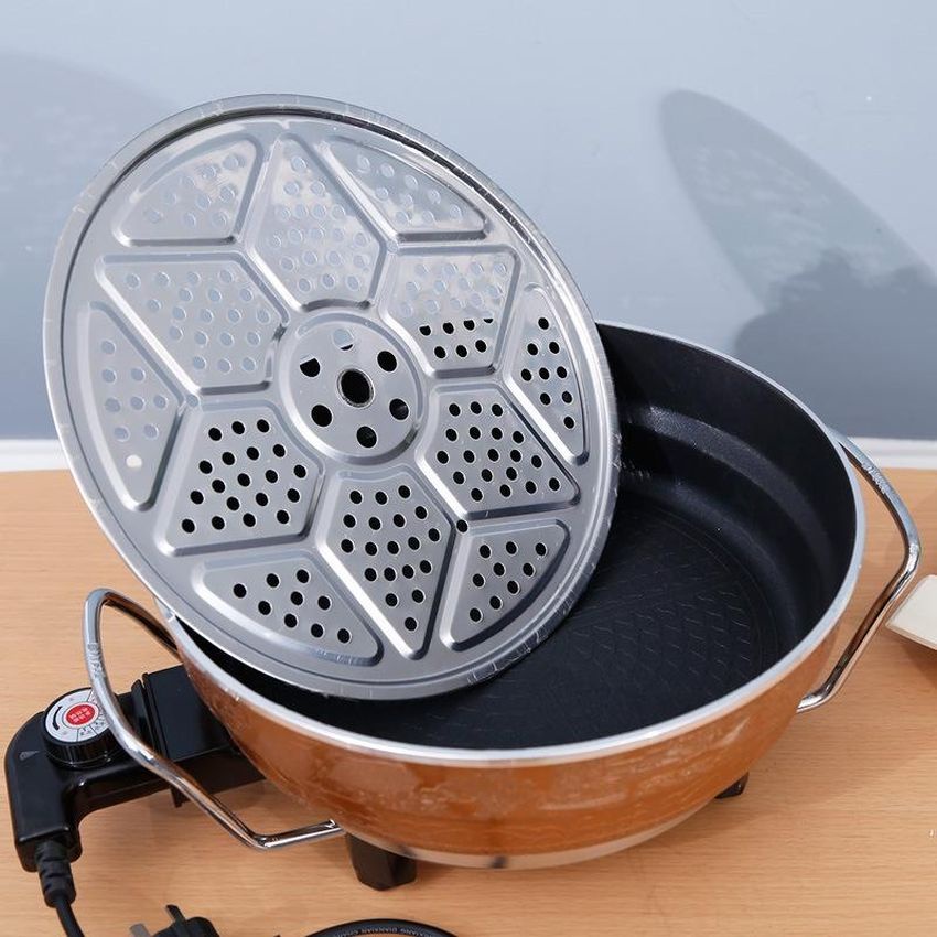 Nồi lẩu điện đa năng thiết kế chống dính cao cấp thế hệ mới nồi lẩu kiêm chảo điện mini họa tiết đẹp kèm rổ hấp Angola