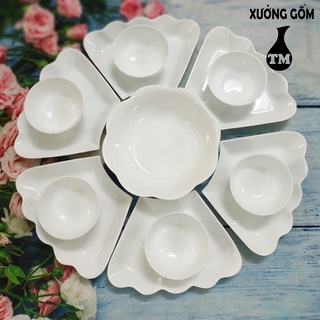 Bộ Bát Đĩa Hoa Mặt Trời Trắng Trơn Tô Hoa Xưởng Gốm TM Bát Tràng