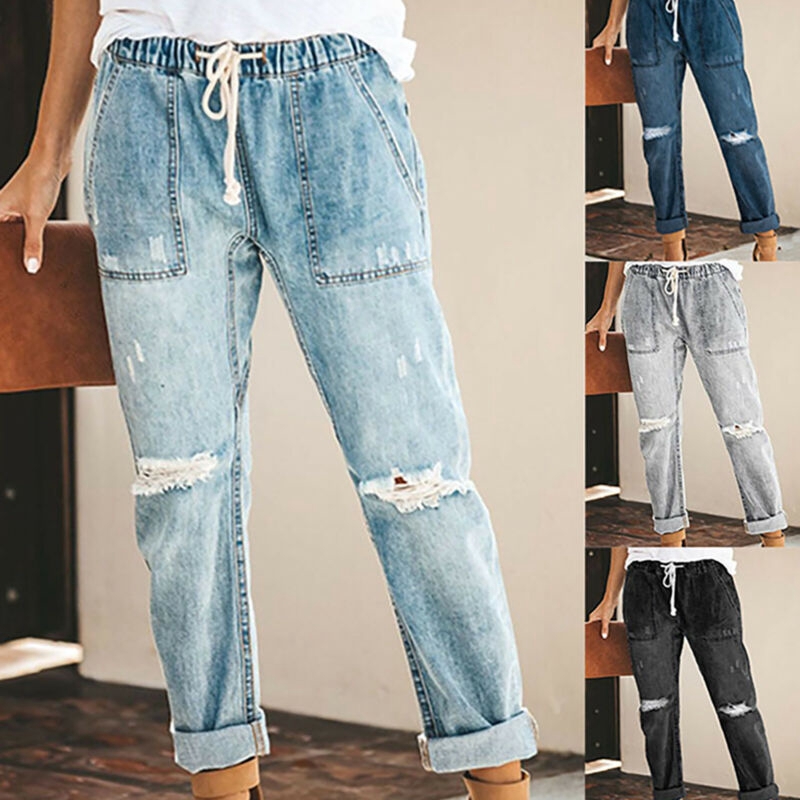 Quần jeans nữ lưng thun ống rộng phong cách retro