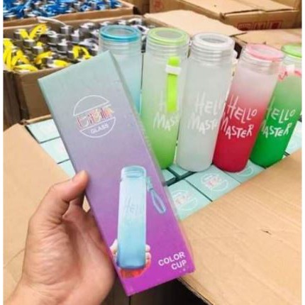 Bình nước thủy tinh nhiều màu hello master 450ml
