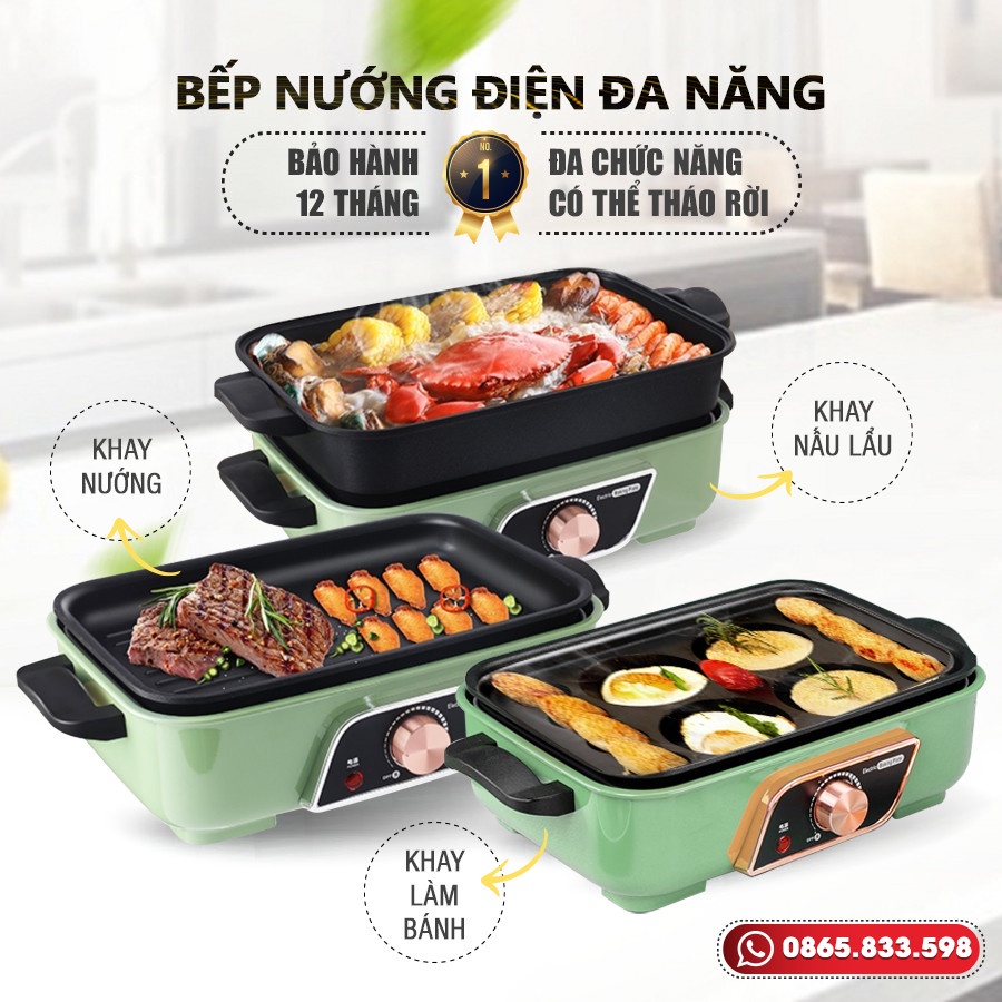 Bếp lẩu điện đa năng 3 khay tháo rời 3 in 1 vừa lẩu vừa nướng, làm bánh, có sẵn khuôn, an toàn tiện lợi