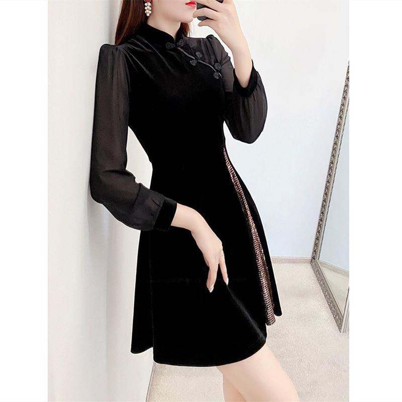 ✟▼Đầm Nhung Đính Kim Sa che Bụng Phong Cách Truyền Thống Trung Hoa Cho Mùa Thu Đông