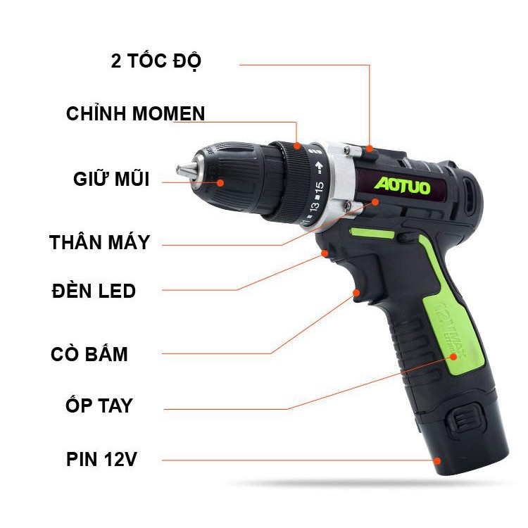 BỘ MÁY KHOAN BẮT VÍT 12V CẦM TAY ĐẢO CHIỀU AOTUO KÈM PIN DỰ PHÒNG