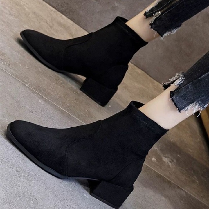 [HÀNG XỊN] Giày boot 3 phân da lộn cổ lửng bốt nữ cổ ngắn đế vuông cá tính, phong cách Korea S087