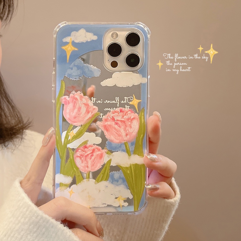 Ốp Điện Thoại Chống Sốc Tráng Gương Họa Tiết Hoa tulip Cho iphone 7 8 plus x xr xs 11 12 13 14 15 mini pro max se 2020