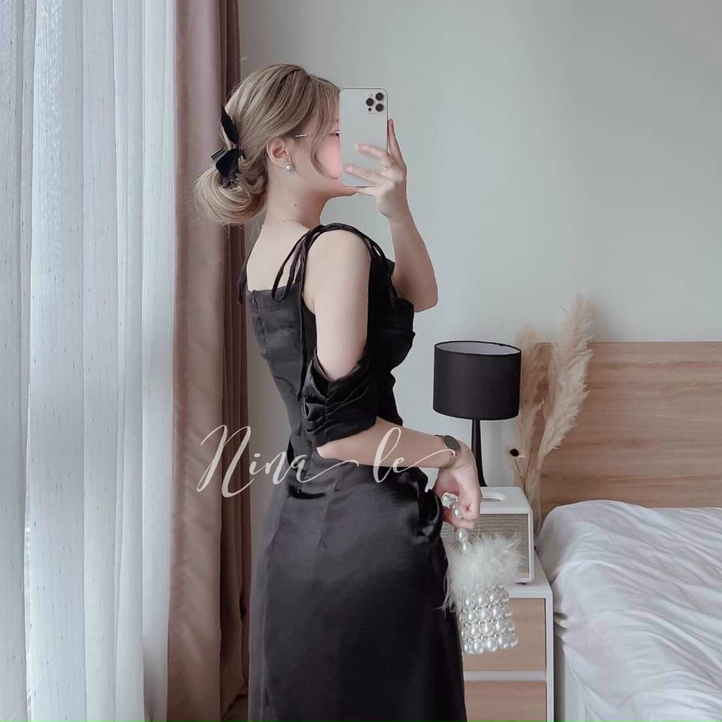 Đầm dự tiệc cổ đổ lụa satin 2 dây trễ vai ChemMix cực sang cho nàng dạ hội, hẹn hò lãng mạng