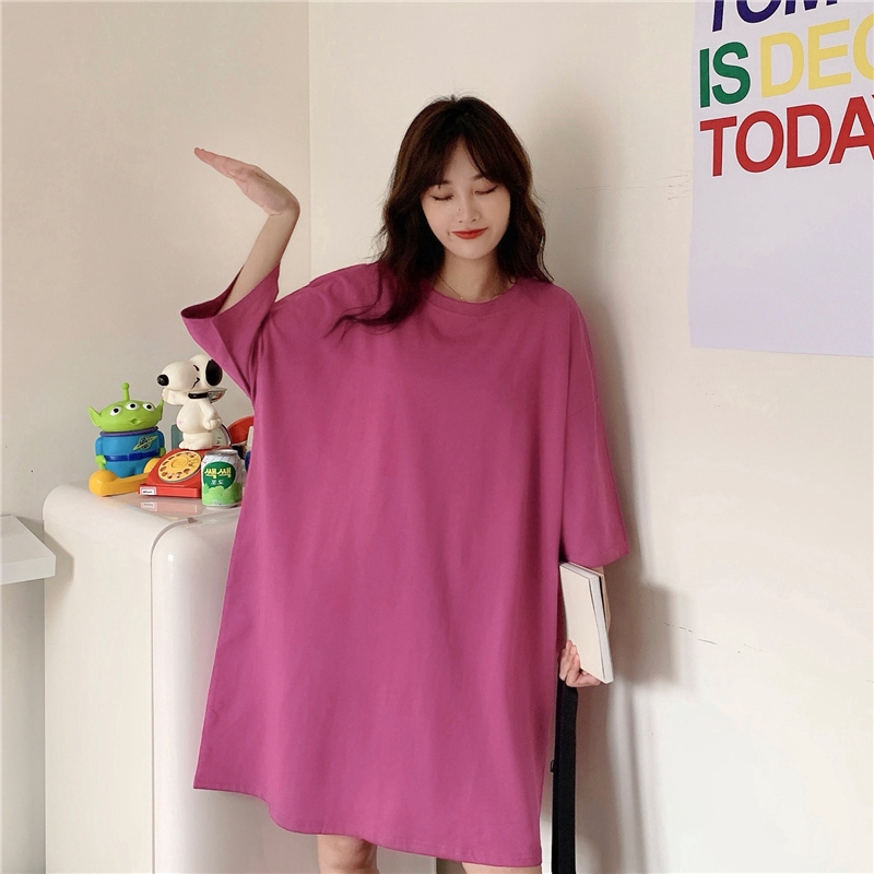Đầm Thun Tay Ngắn Màu Trơn Thiết Kế Dáng Rộng Thoải Mái