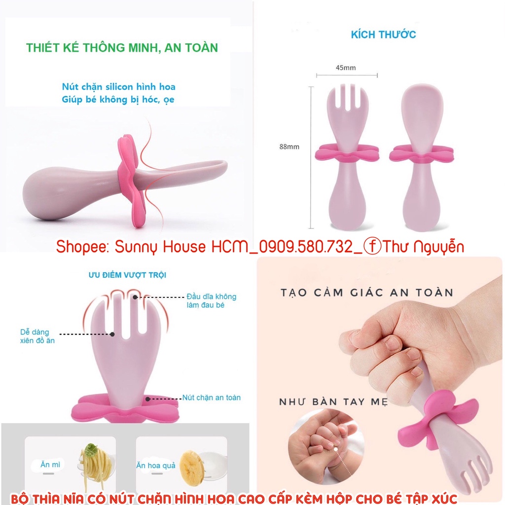 Bộ thìa nĩa cao cấp cho bé tập xúc có nút chặn hình hoa kèm hộp