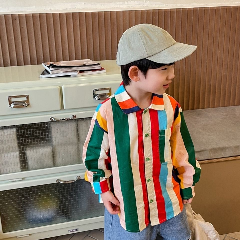 Áo Sơ Mi Tay Dài Kẻ Sọc Cầu Vồng Phong Cách Hàn Quốc Thời Trang Mùa Xuân Mới 2022 Dành Cho Bé Trai