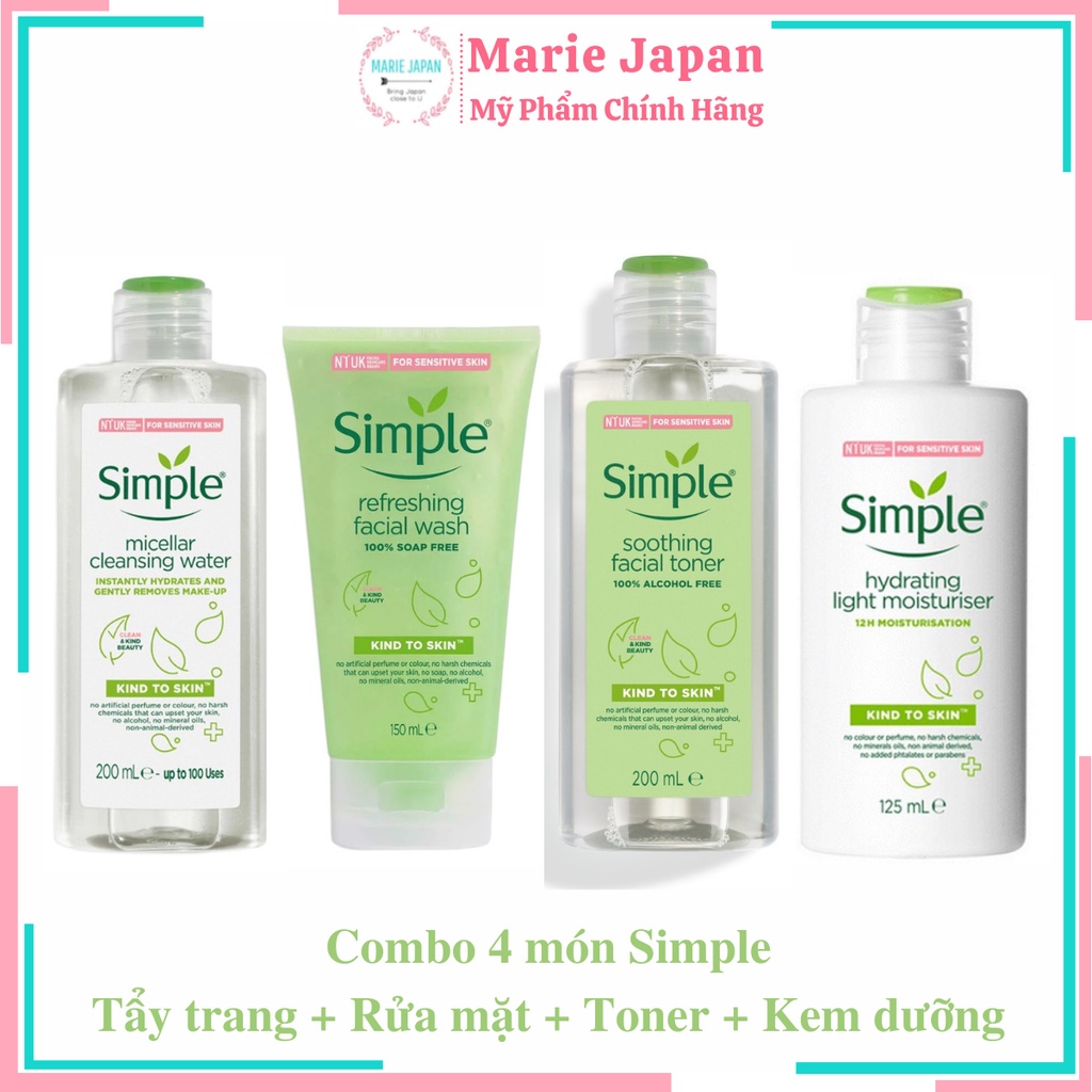 Combo 4 món dưỡng da cơ bản nhẹ dịu cho người mới Skincare Simple (Tẩy trang+Rửa mặt+Toner+Kem dưỡng)