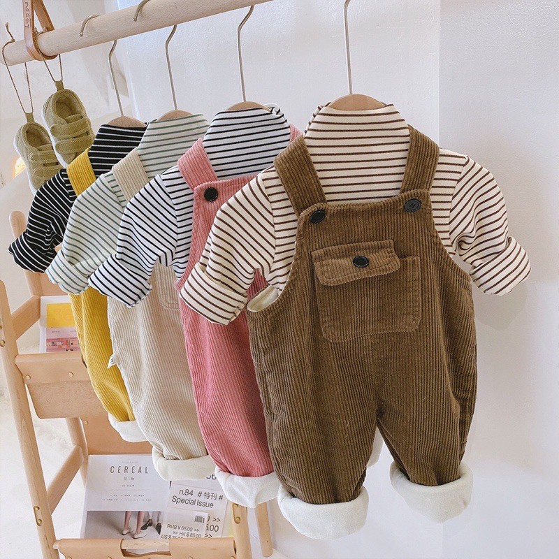 Quần yếm cho bé , Set yếm bé trai bé gái Yếm dạ nhung phối cáo thun dài tay cao cổ Quần áo trẻ em NgheKids
