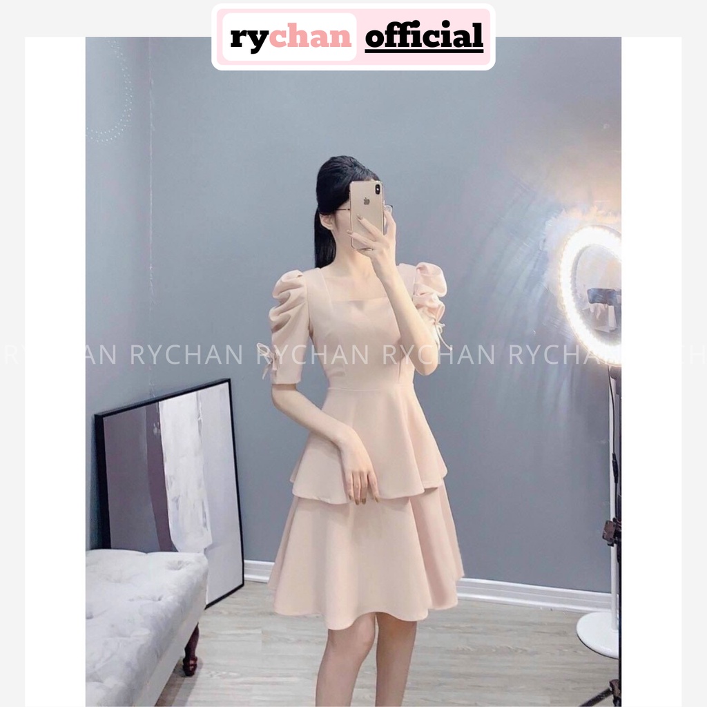 Đầm Xòe Cổ Vuông Tay Nơ Phồng 2 Tầng Nữ Tính 3 Màu Trắng Nude Đỏ [Ảnh Thật Cuối] - DX0092