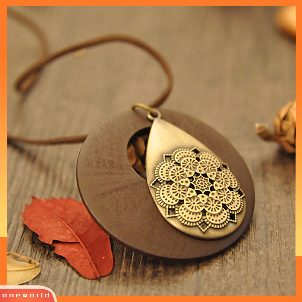 Vòng cổ dây nhung mặt gỗ hình giọt nước rỗng kiểu vintage cho nữ