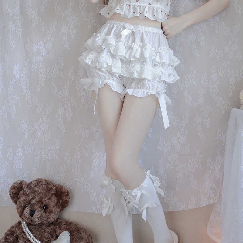 Youyo Quần Short Lolita Nhún Bèo Họa Tiết Caro Nhiều Lớp Viền Ren An Toàn Cho Nữ