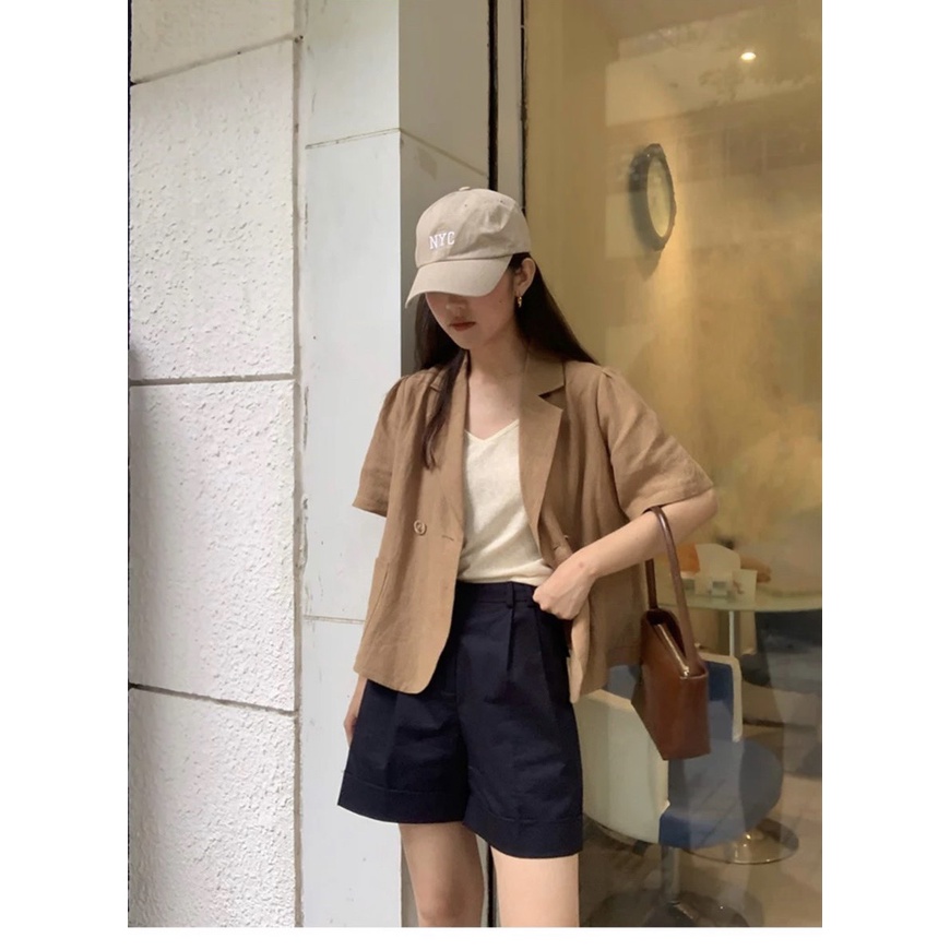 Áo blazer cộc tay A.240, áo khoác cổ giả vest dáng ngắn tay bồng túi tròn style Hàn Quốc