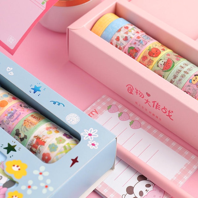 Set bullet journal masking tape 10 cuộn washi tape băng keo giấy 30 tờ note ghi chú 10 tờ stickers mẫu đa dạng dễ thương