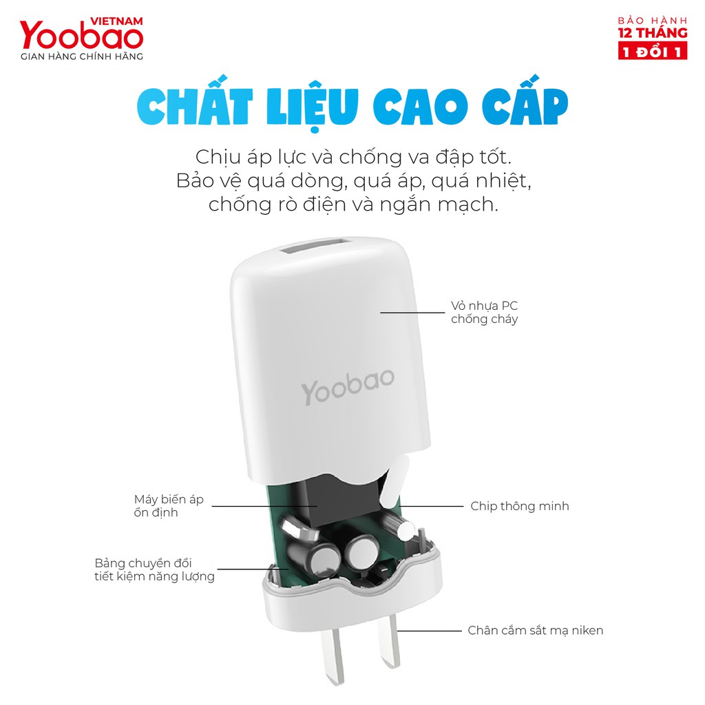 Củ sạc cổng USB Yoobao Y-720 - Chân chuẩn EU - Hãng phân phối chính thức Bảo hành 12 tháng 1 đổi 1