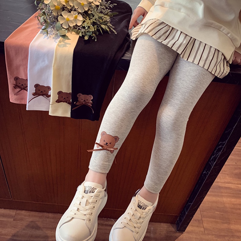Quần legging mềm giữ ấm mùa đông in hình gấu hoạt hình dễ thương cho bé