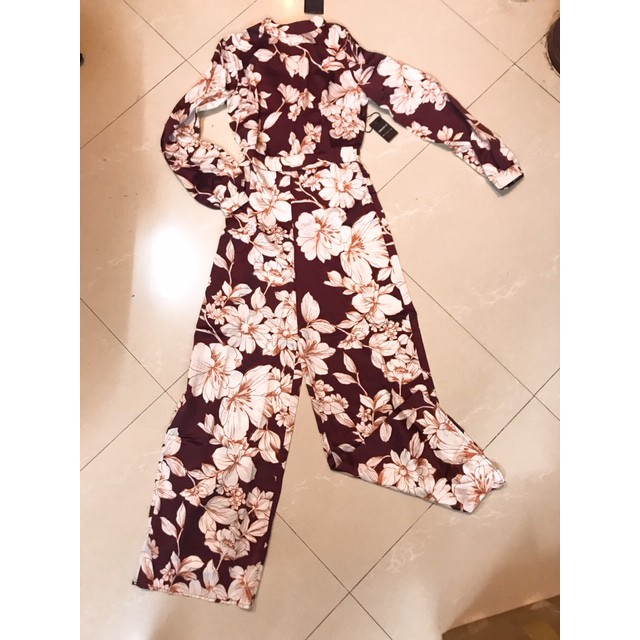 F21 auth Bộ jumpsuit họa tiết hoa, ống rộng Satin Floral Print Wide-Leg Jumpsuit