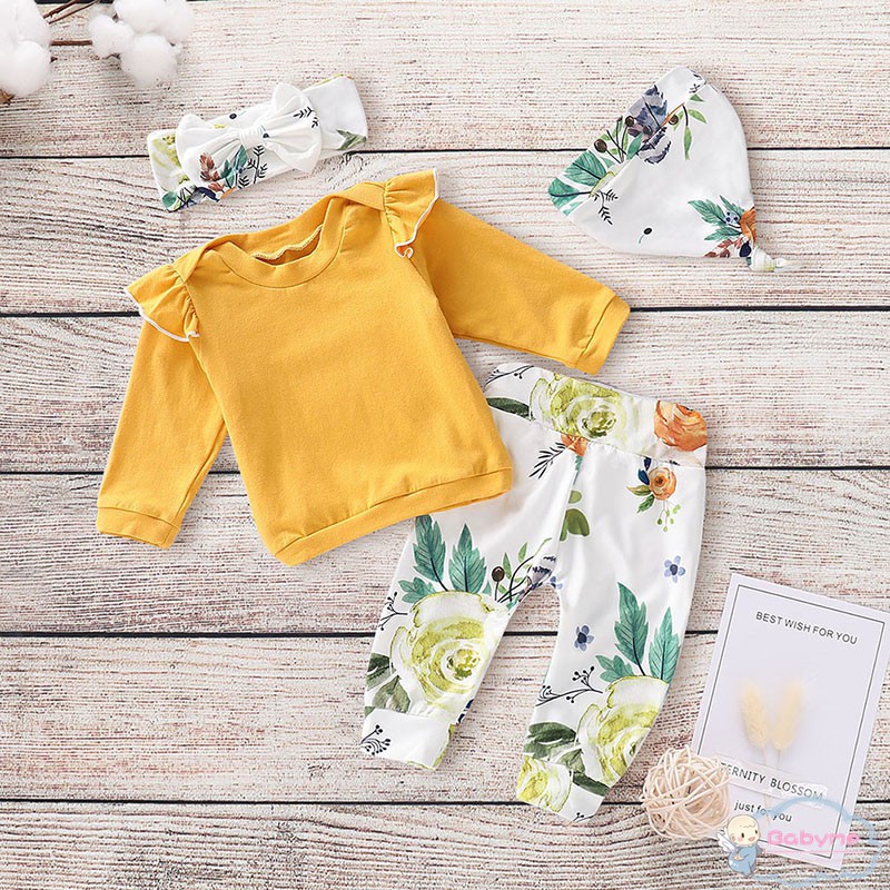 Set quần áo dài tay + mũ + băng đô nơ chất vải cotton in hoa đáng yêu cho bé gái