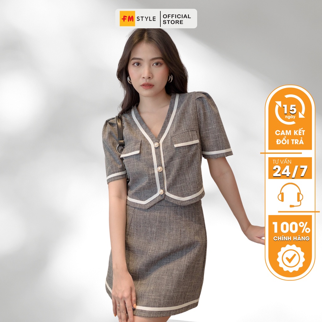 Set đồ nữ FM Style áo kiểu cổ tim phối chân váy ngắn chạy viền chất xịn thời trang nữ tính 220129411
