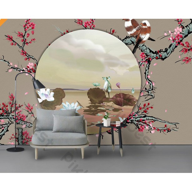 Tranh dán tường Tranh phong cảnh hoa anh đào sang trọng, tranh dán tường 3d hiện đại (tích hợp sẵn keo) 742919