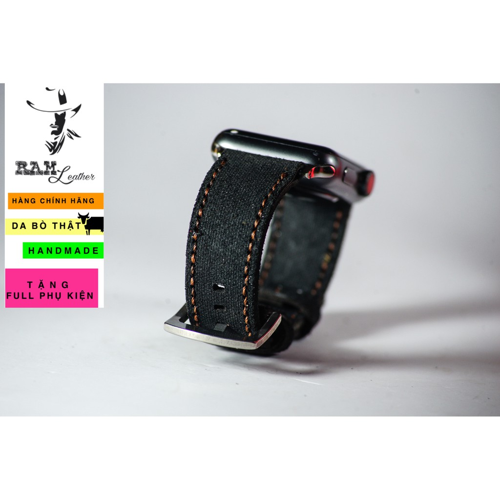 Dây đồng hồ Apple Watch , Iwatch , Iphone Watch Da Bò Thật Đen Tuyền RAM Leather Classic 1966  Bền Đẹp