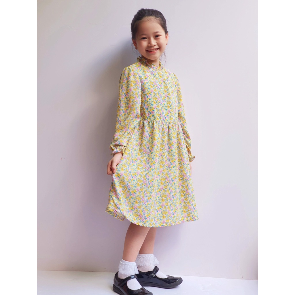 Váy chiffon Curlysue hoa nhí vàng hồng cổ bèo nhún eo