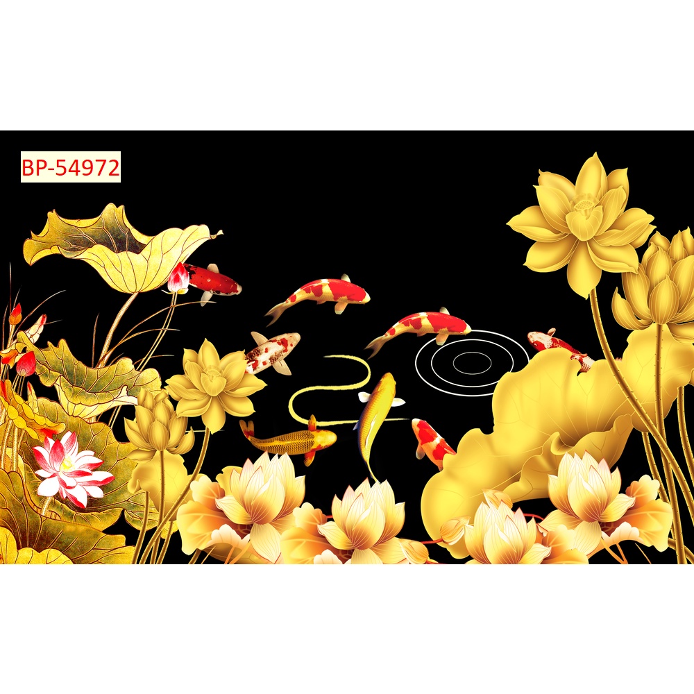 Tranh 3d dán tường chủ đề cá chép cá koi hồ sen