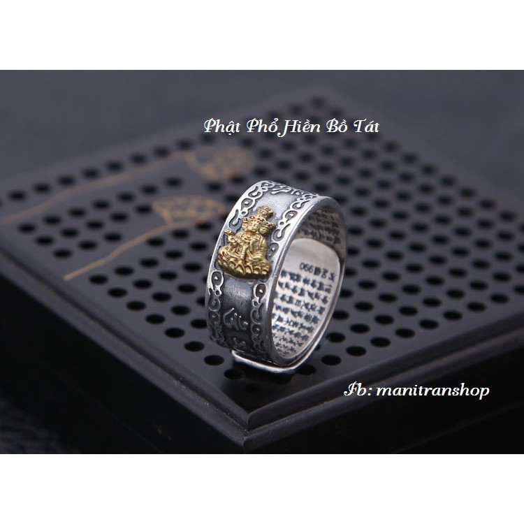 Nhẫn Phật Phổ Hiền Bồ Tát Khắc Lục Tự Chữ Vạn Chất Liệu Bạc Thái Cao Cấp