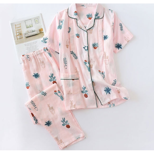 Bộ đồ bầu sau sinh và cho con bú ti XÔ NHẬT thô đũi Đẹp, mát -, Pijama mặc nhà dài tay cho mẹ Bigsize