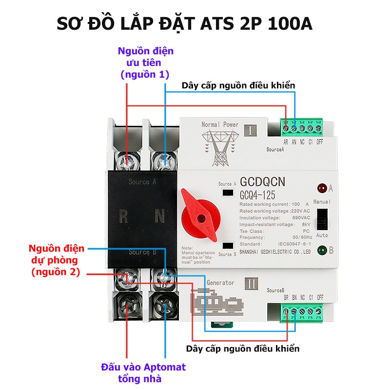 [MẪU MỚI] Bộ chuyển nguồn ATS 100A/2P/220V-GCQ4-GCDQCN chuyển mạch nhanh không gây mất điện - cầu dao đảo chiều