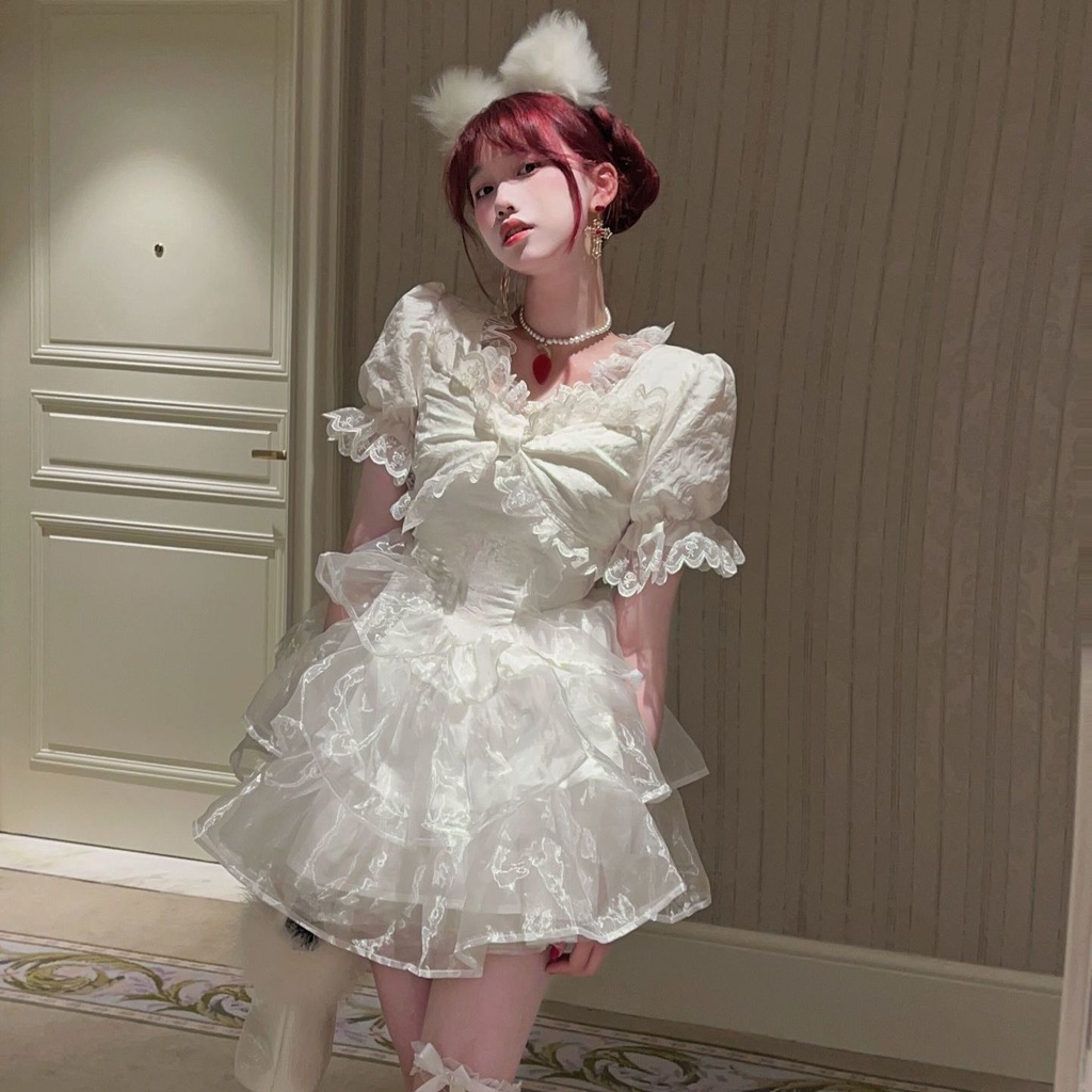 Váy babydoll Đầm Công Chúa Ngắn Dáng Ôm Cổ Ren Phồng Phong Cách Lolita Nhật Bản Ngọt Ngào Mùa Xuân Hè Mới Cho Nữ