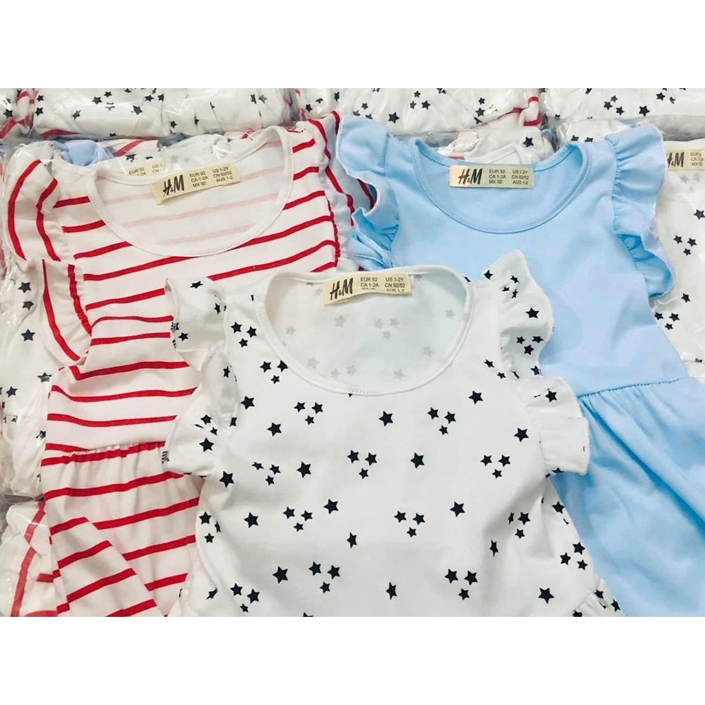 Váy bé gái Combo 3 đầm cánh tiên H.M mix màu trơn bi kẻ chất cotton mềm mịn thoáng mát