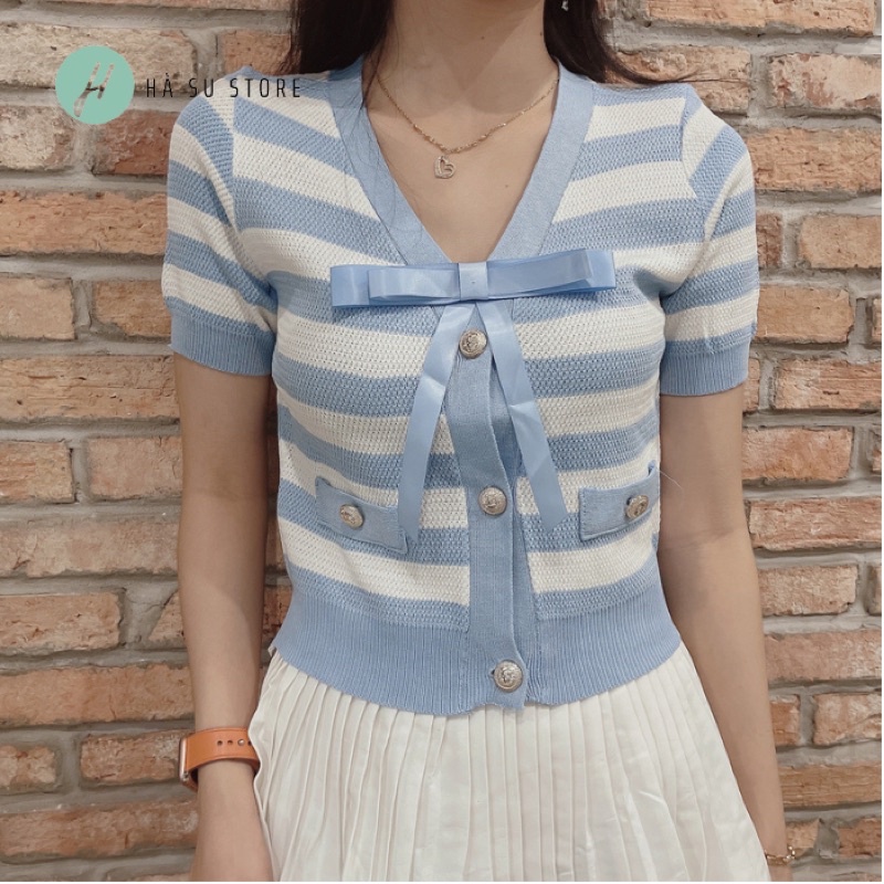 Áo Len Mongtoghi Nữ Kẻ Sọc Ngang Cộc Tay, Ngắn Tay, Cổ V Nơ Đính Ngực