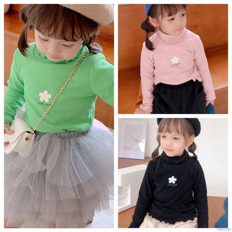 0-6Y Autumn Children Girls Thick Warm Floral High Collar Bottoming T-Shirt Top