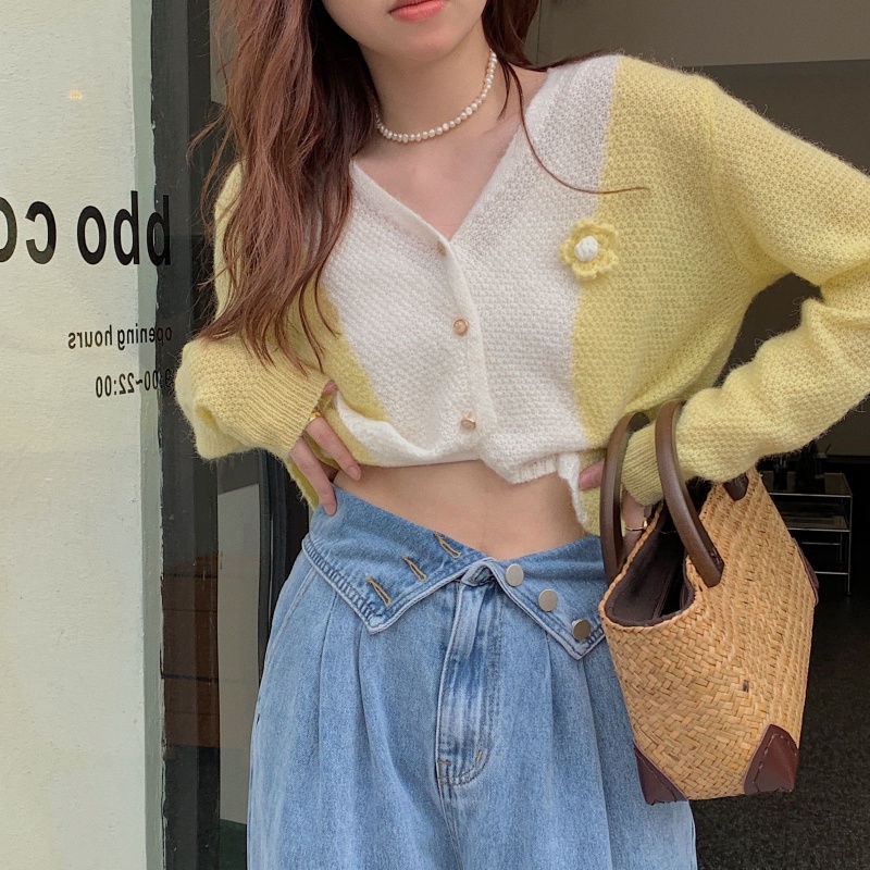 Áo cardigan Dệt Kim Họa Tiết Hoa Ba Chiều Màu Sắc Tương Phản Dành Cho Nữ