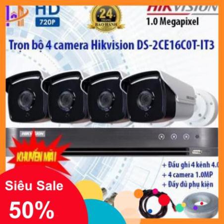 Camera Cao Cấp - Trọn bộ 4 camera Hikvision DS-2CE16C0T-IT3 và DS-7204HQHI-K1