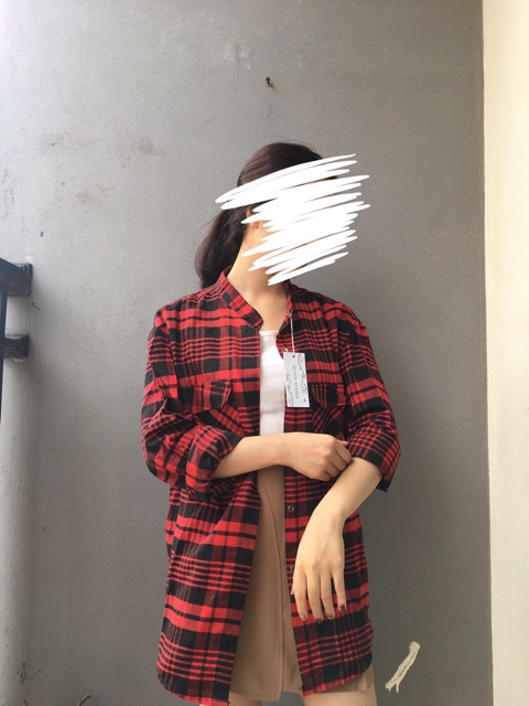 Áo sơ mi flannel kẻ đỏ đen unisex