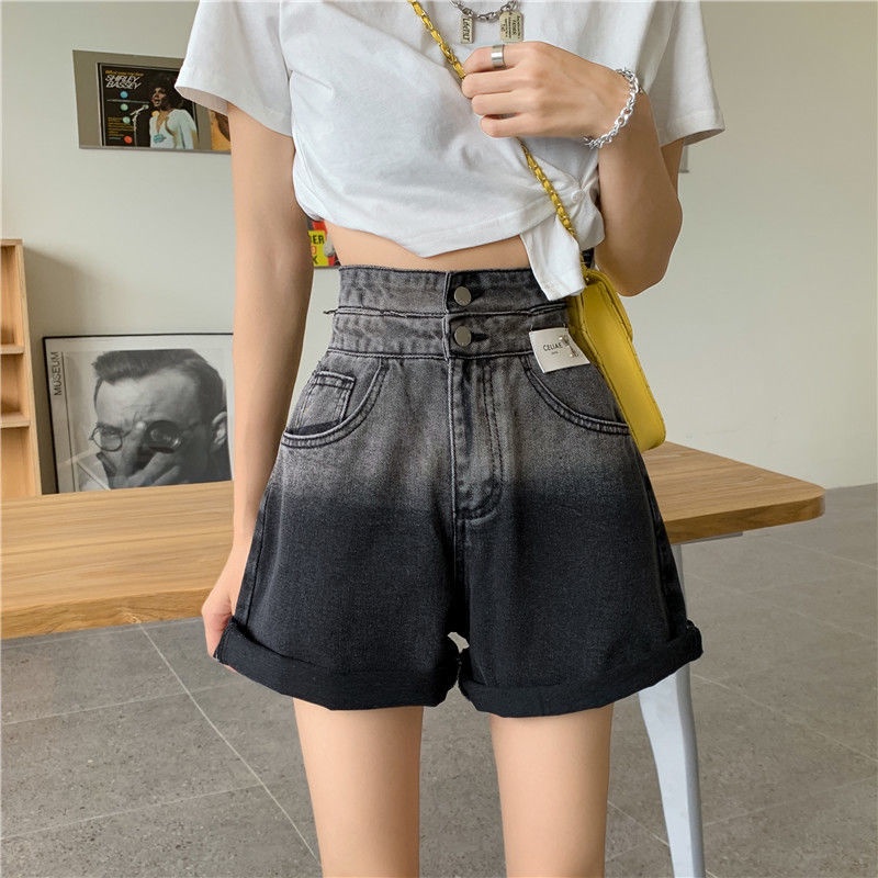 Quần Short Jeans Lưng Cao Ống Rộng Màu Gradient Thời Trang Cho Nữ
