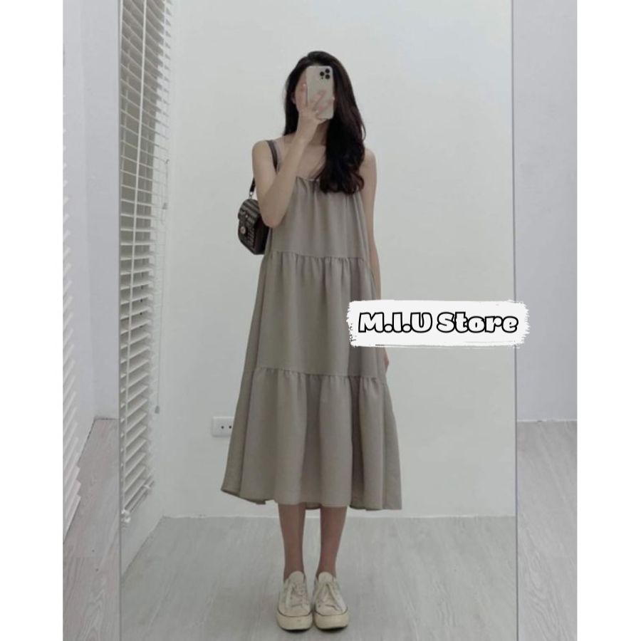 Váy đầm hai dây maxi xòe tầng đi biển dáng babydoll rộng chất đũi mềm mát