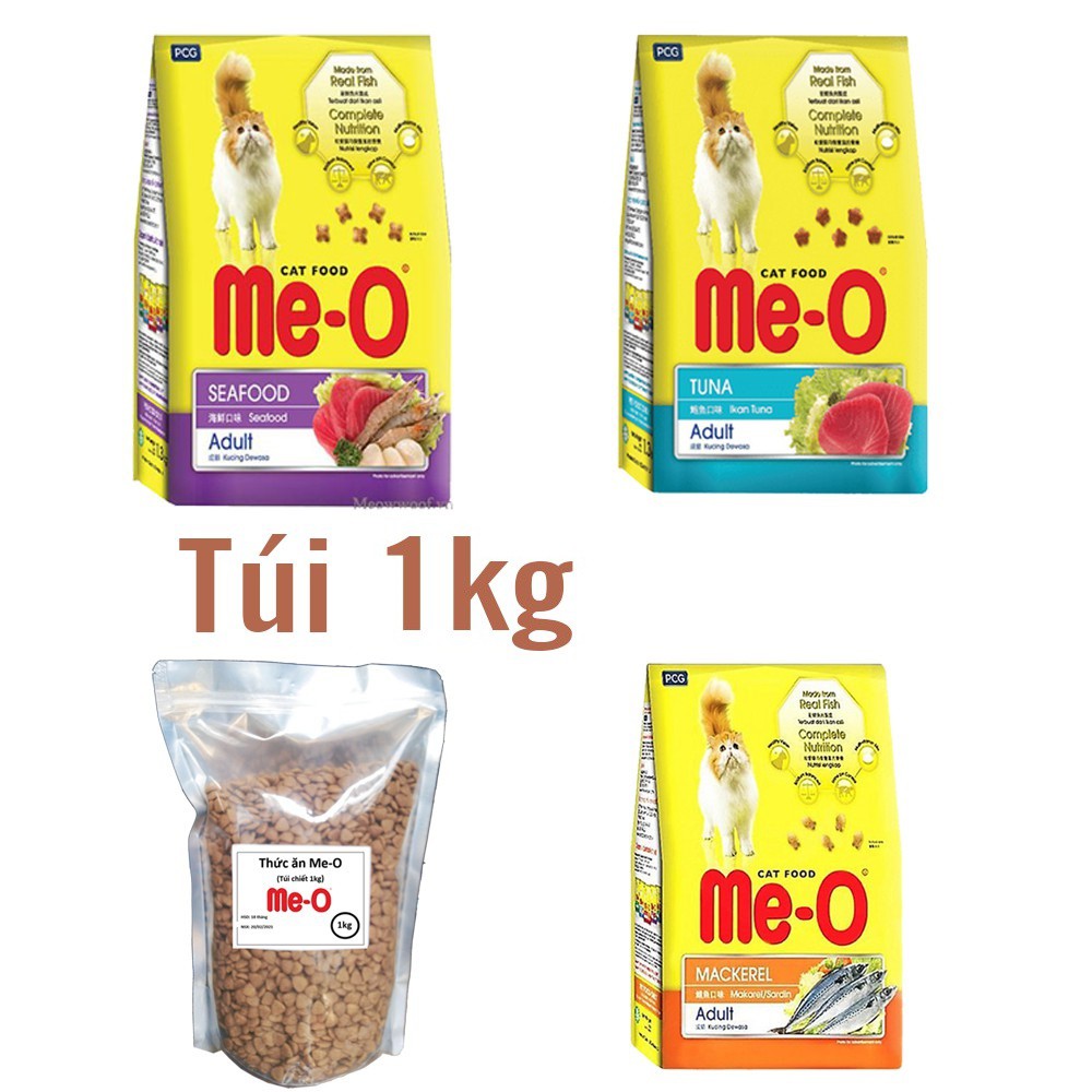 Túi zip 1kg- Me-o (3 vị) Thức ăn cho mèo mọi lứa tuổi- cá ngừ cá thu - hải sản