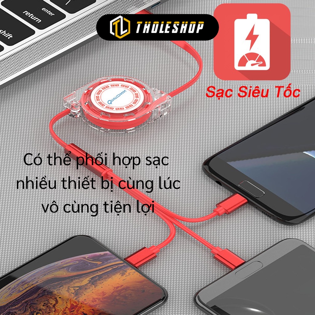 Cuộn Cáp Sạc - Cáp Sạc Dây Kéo Cuộn Tròn 3 Đầu Có Dây Rút Chống Rối 6315
