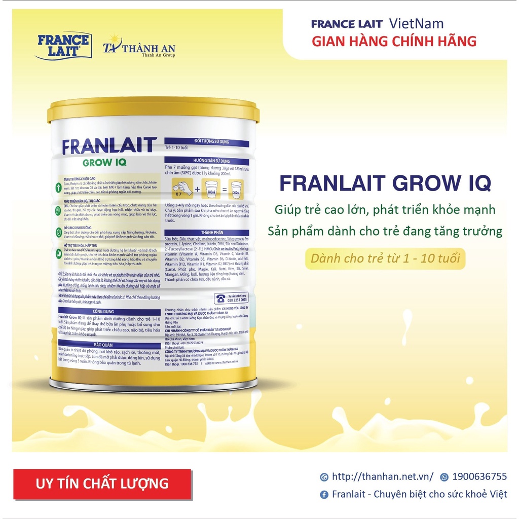 Sữa Franlait Grow IQ Cho Bé Cung Cấp Dưỡng Chất Giúp Trẻ Phát Triển Toàn Diện, Hấp Thu Tốt Và Hỗ Trợ Tiêu Hóa 900g
