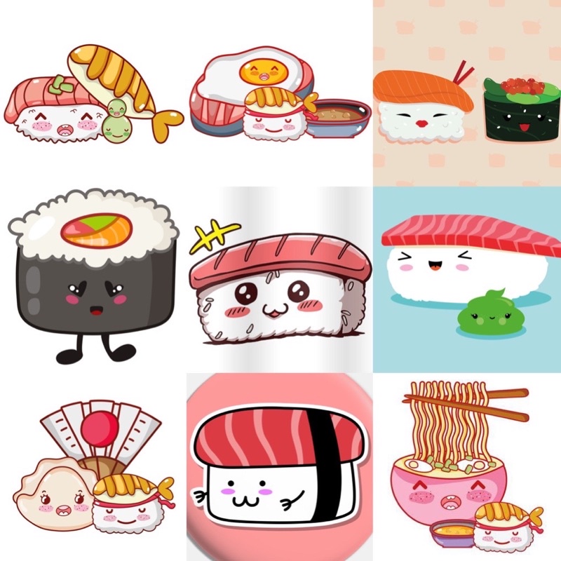 Sticker Foodie’s Friends sushi 30-60 cái ép lụa/Hình dán đồ ăn Foodie’s