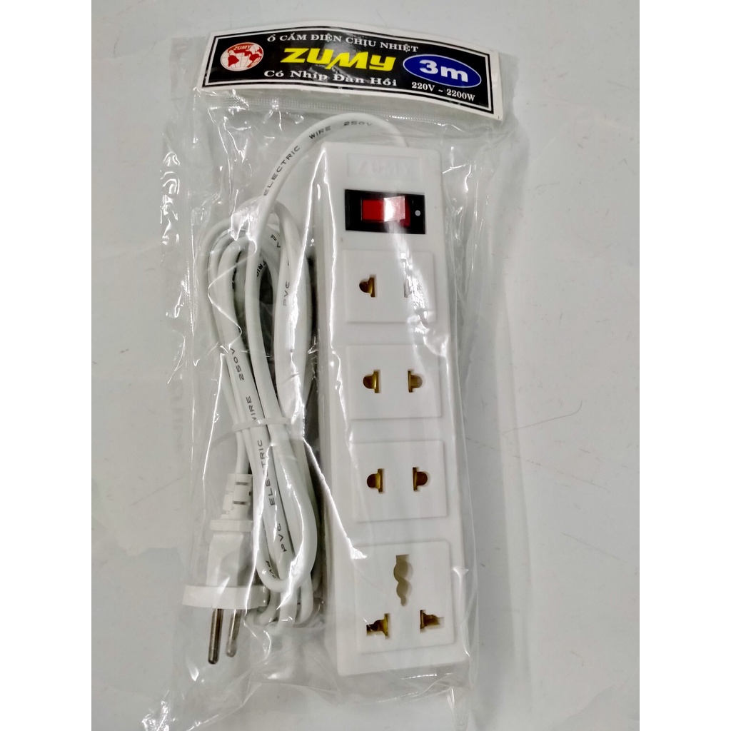 Ổ cắm điện ZUMY 4 lỗ, công suất 2200W - dây dài 3m - có công tắc
