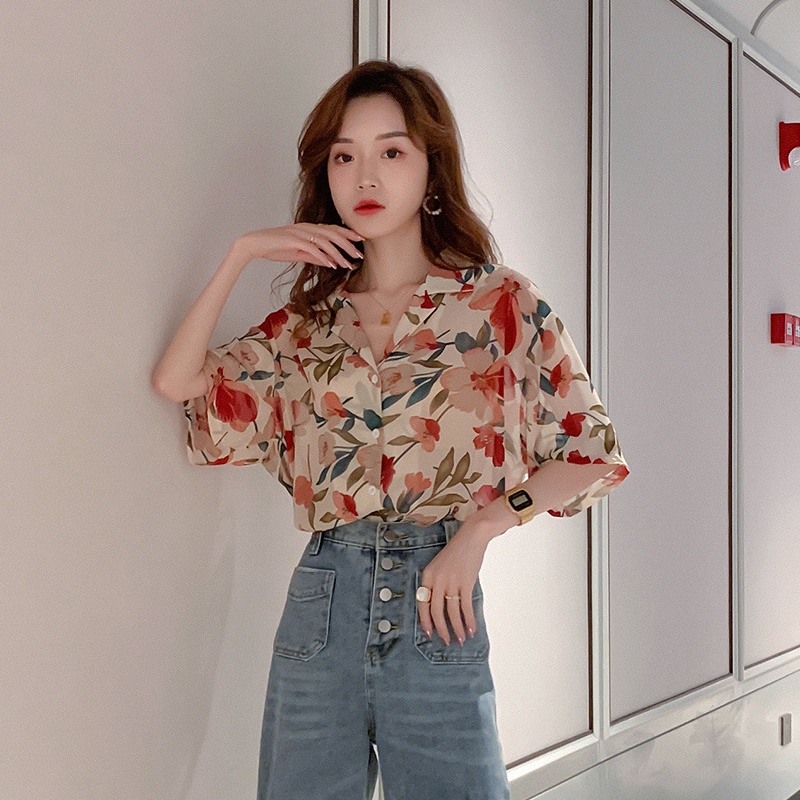 Linki ♡ Áo Sơ Mi Tay Ngắn Dáng Rộng In Hoa Thời Trang Hàn Quốc Cho Nữ