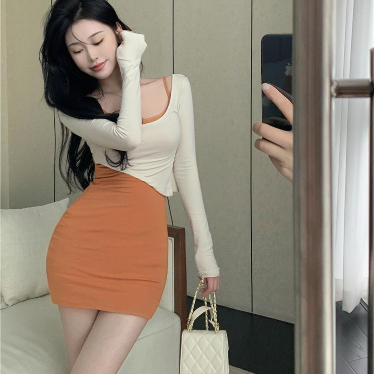COZOK Set Áo Thun Dài Tay + Đầm Yếm Xinh Xắn Thời Trang Dành Cho Nữ