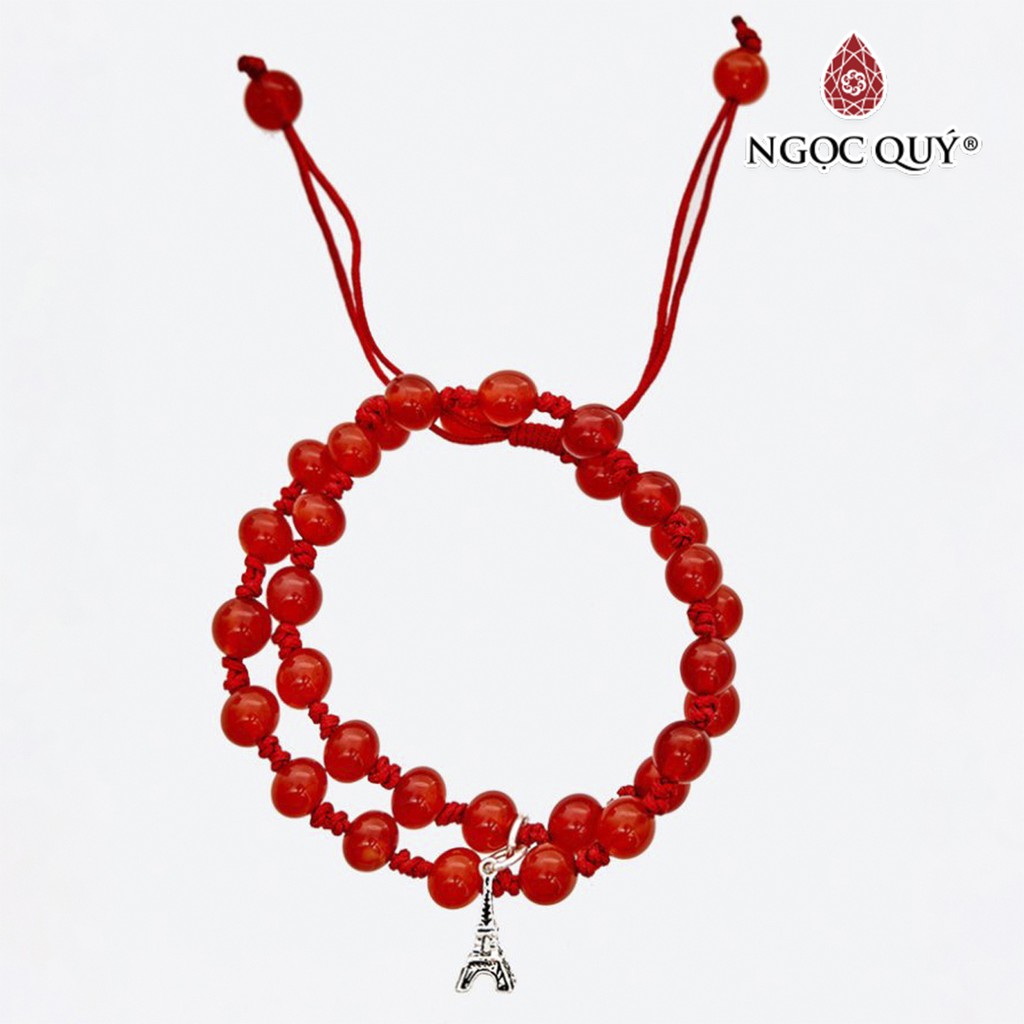 Vòng tay 2 line đá mã não đỏ dây rút phối charm tháp eiffel bạc